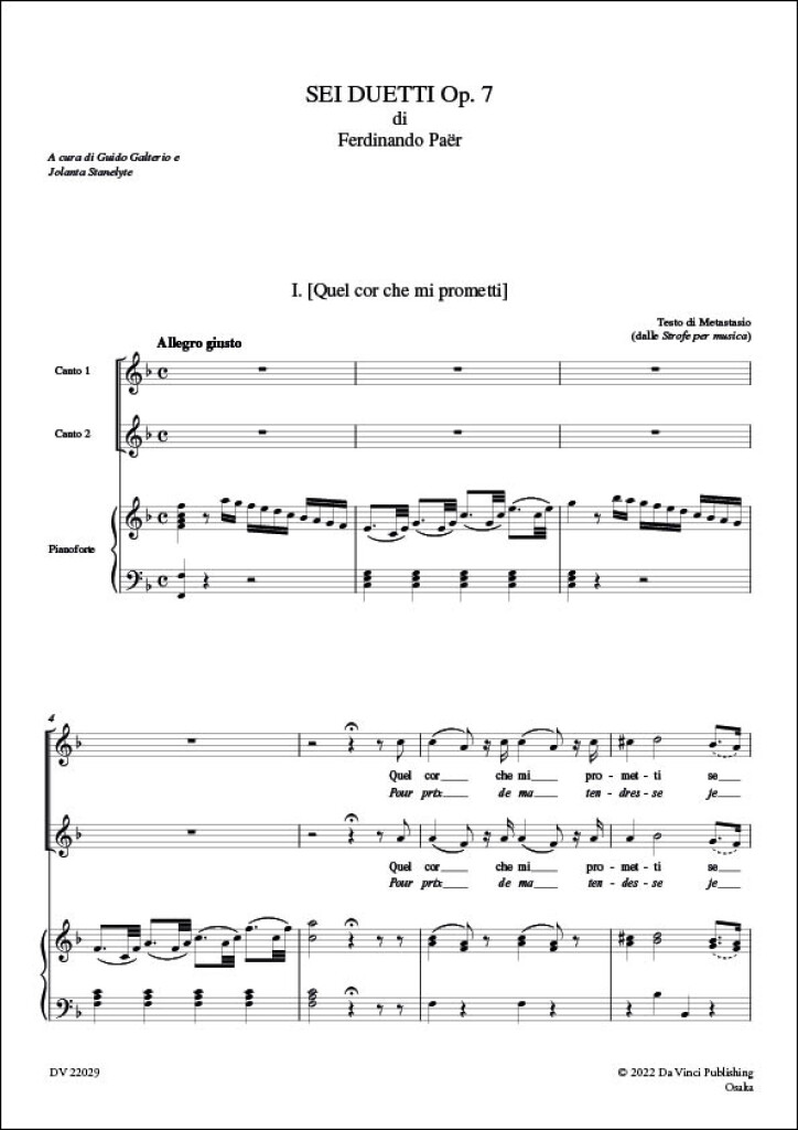 Sei Duetti Op. 7, for two Voices and Piano